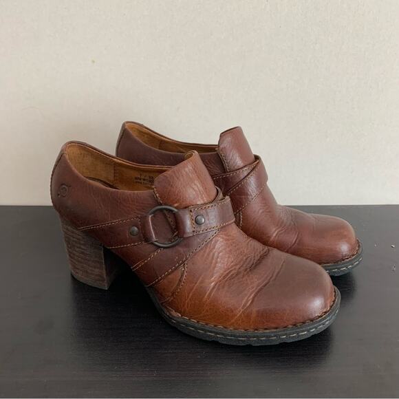 Born Leather Brown Chunky Stacked Harness Heels - Picture 1 of 7